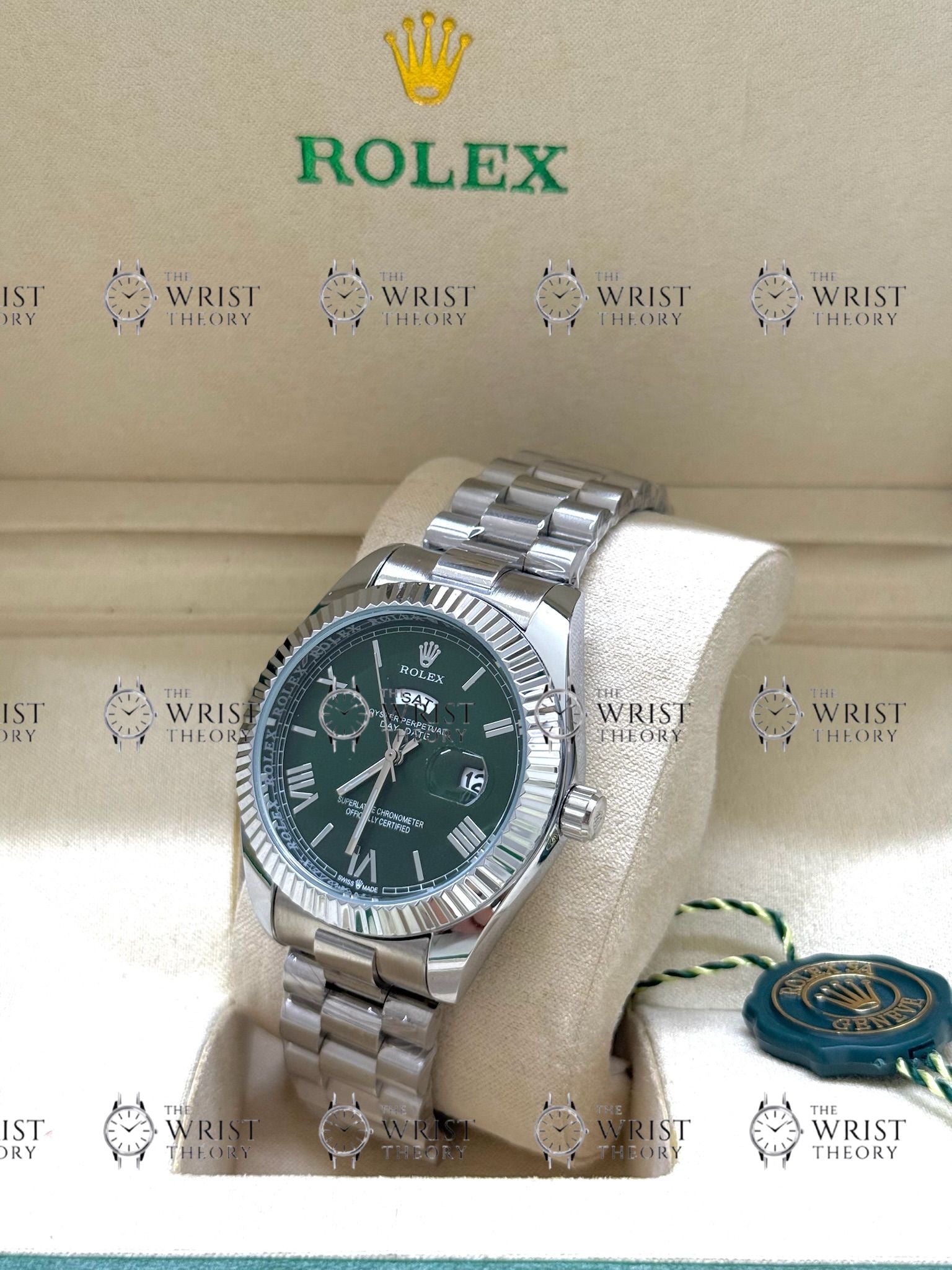 DAY-DATE silver , green roman dial , president bracelet
