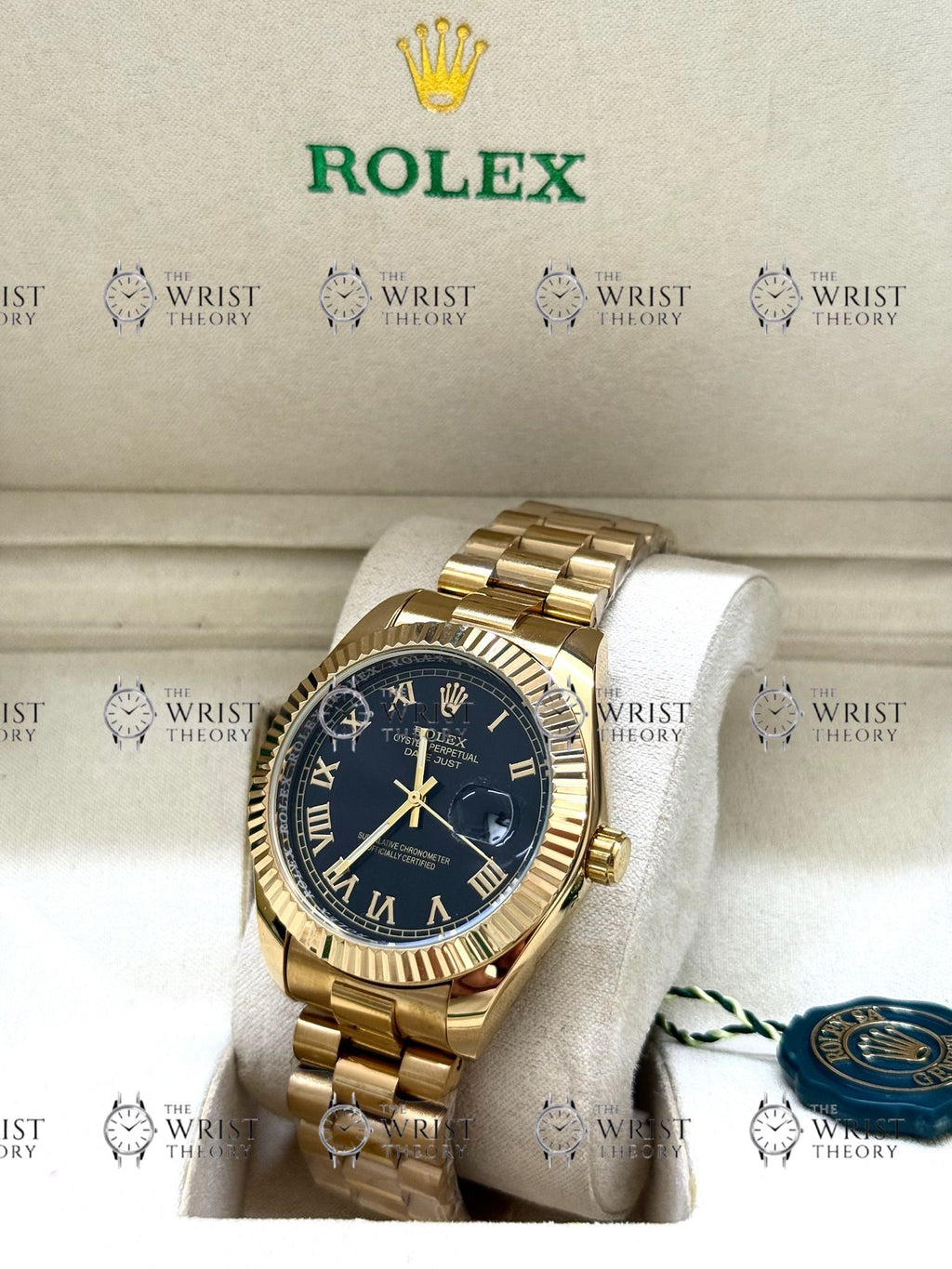 DATE JUST gold , black dial , president bracelet