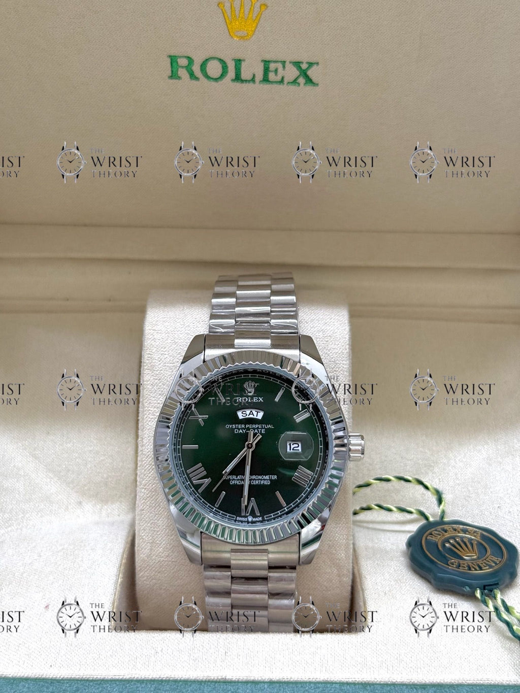 DAY-DATE silver , green roman dial , president bracelet