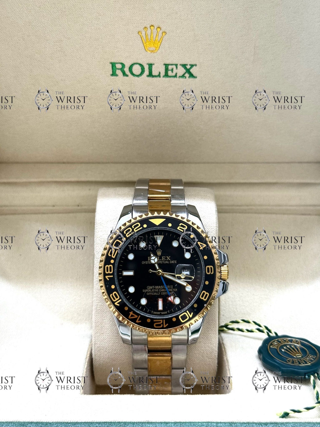 GMT MASTER II gold-silver , black dial , oyster bracelet