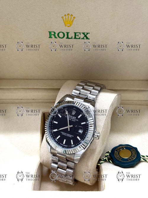 DATE JUST silver , black dial , president bracelet